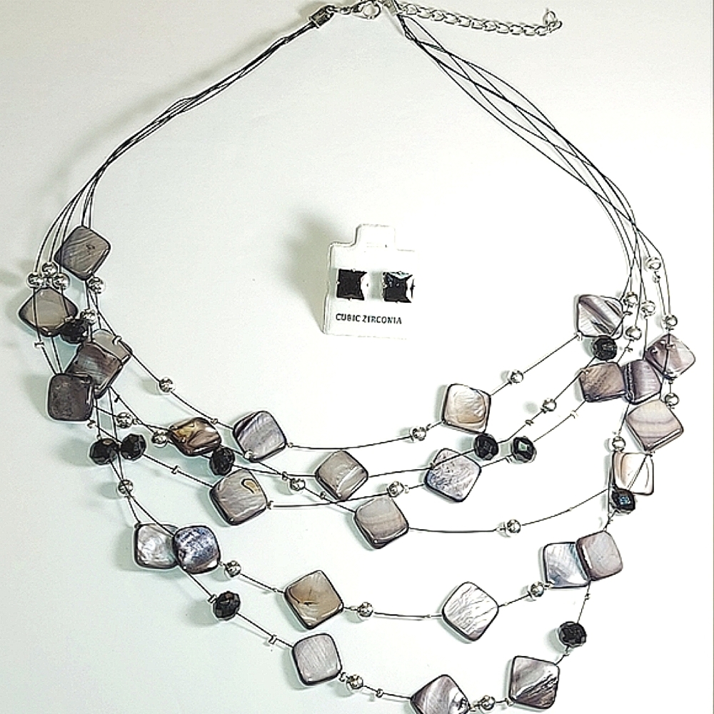 3 for $25-Black Cubic Zirconia Earring & Abalone Shell/Black Glass Bead Necklace